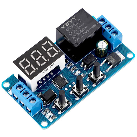 12V Timer Relay With LED Display, Four-Mode Time Delay Switch For Auto Use, On Off Delay Timer From 0.1 Seconds To 999 Minutes, Trigger By Power, Button, PNP Sensor Or PLC, showing circuit board components and LED screen.