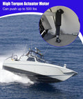Trim Tab Actuator For Air Boats 12V Short Duty, Two And A Quarter Inch Stroke, installed on airboat, shown at sea