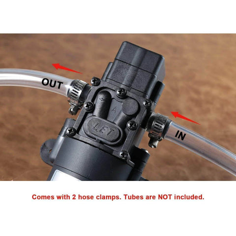 Close-up of bayite 12V DC Water Transfer Pump with 2 hose clamps, showing in and out ports for fluid transfer.