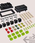 12V Auto Waterproof Fuse And Relay Box Kit With 6 Bosch Style 5 Pin Relays, 6 ATC ATO Fusible Holders, terminals, and seals components.