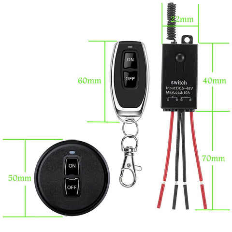 Heavy Duty 12V Wireless Remote Relay Switch Kit With 328 Feet Range For Cars Motors Lamps LED Lights And Fans Works On DC 5V 12V 24V Or 48V Systems 10 Amp Relay Easy Install Through Walls Plug And Play showing receiver and remotes