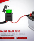 In-line blade fuse in 12V LED Light Bar Wiring Harness Kit with On Off Switch, Power Relay and Blade Fuse Universal Vehicle and Boat Fit.