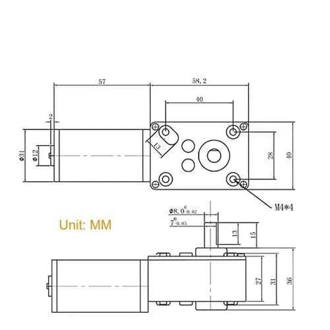 Technical diagram of 12V 16rpm DC Worm Gear Motor 70kg.cm High Torque Turbine Electric Gearbox Motor with dimensions in mm