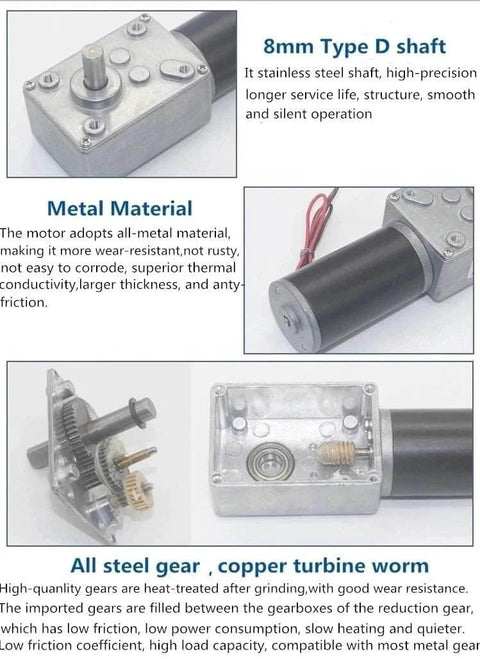 Close-up of 12V 16rpm DC Worm Gear Motor 70kg.cm High Torque Turbine Electric Gearbox Motor with metal material and Type D shaft