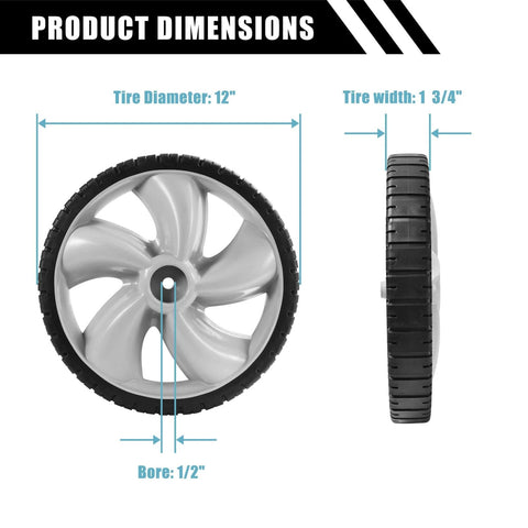 Product dimensions showing 12x1.75 Inch Lawn Mower Rear Wheels 2 Pack Replacement for Craftsman 490-324-0002 with 1/2 Inch bore.