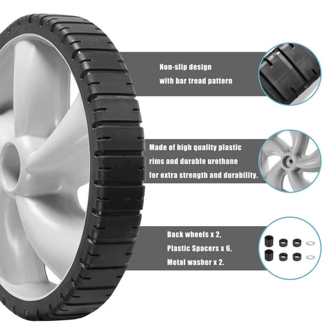 Close-up of 12x1.75 Inch Lawn Mower Rear Wheels 2 Pack Replacement for Craftsman 490-324-0002, showing non-slip tread and components