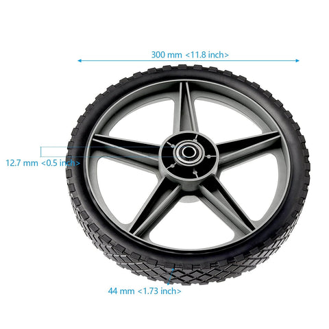 3 Pack 12 x 1.75 Inch Push Mower Replacement Wheels with Spoke Plastic Design and Diamond Tread, shown with measurements