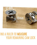 Replacement 12x10mm cam lock connectors, sturdy and easy to install, ideal for repairing cabinets, dressers, drawers, tables and bookcases with secure furniture cam locks; includes 10 pieces for multiple projects shown with measurements