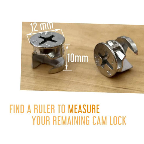 Replacement 12x10mm cam lock connectors, sturdy and easy to install, ideal for repairing cabinets, dressers, drawers, tables and bookcases with secure furniture cam locks; includes 10 pieces for multiple projects shown with measurements