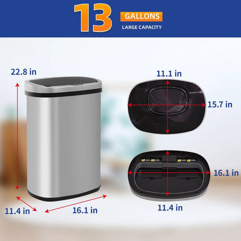 13 Gallon Sensor Trash Can With Lid Automatic Touchless Garbage Can Odor Control Modern Oval Design Easy To Clean