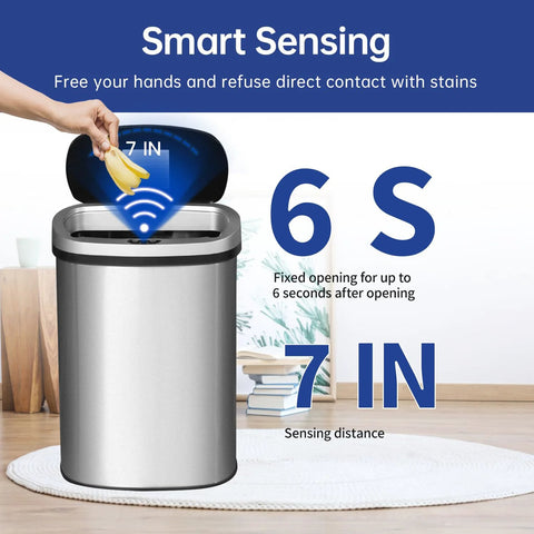 13 Gallon Sensor Trash Can With Lid Automatic Touchless Garbage Can Odor Control Modern Oval Design kitchen scene