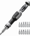 13-In-1 Ratchet Screwdriver Set With Built-In Bit Storage, showing black handle, 12 bits, and 1/4-inch nut driver, DIY tool for home repairs.