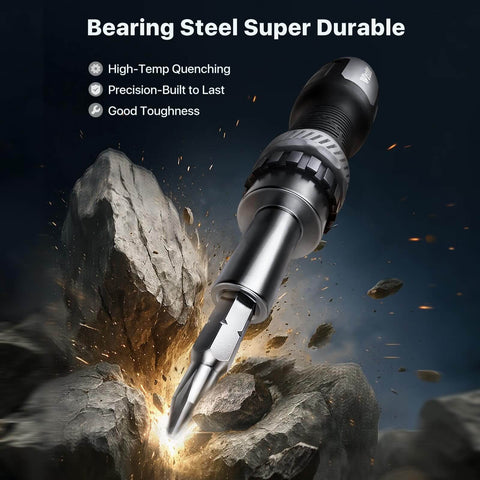 13-In-1 Ratchet Screwdriver Set With Built-In Bit Storage, feature display with stormy rock background, highlighting durability
