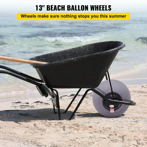 Wheelbarrow with 13 Inch Beach Balloon Wheels Replacement Sand Tires on sandy beach