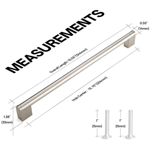 Detailed measurements of 20 Pack Long Cabinet Handles For Cabinets And Drawers With 13 Inch Center To Center Spacing And 13 Inch Overall Length