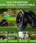 13 Inch Flat Free PU Tire 2 Pack solid polyurethane replacement wheels with steel hubs for garden carts and wheelbarrows.