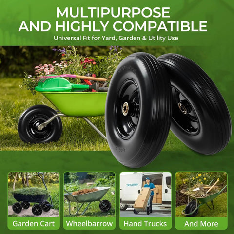 13 Inch Flat Free PU Tire 2 Pack solid polyurethane replacement wheels with steel hubs for garden carts and wheelbarrows.