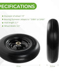 Specifications for 13 Inch Flat Free PU Tire 2 Pack solid polyurethane replacement wheels with steel hubs and bearing sizes.