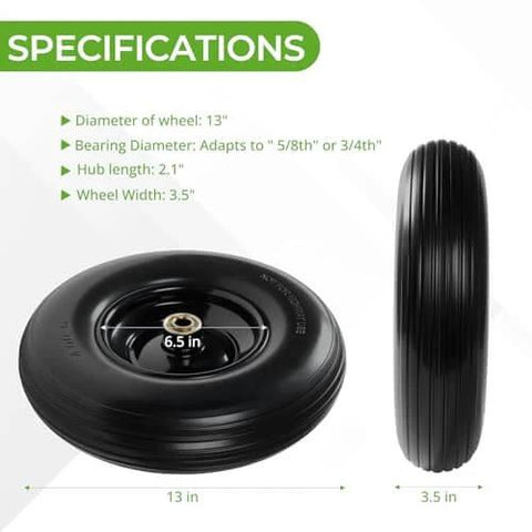Specifications for 13 Inch Flat Free PU Tire 2 Pack solid polyurethane replacement wheels with steel hubs and bearing sizes.
