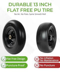 13 Inch Flat Free PU Tire 2 Pack solid polyurethane replacement wheels with steel hubs and dual 5/8 and 3/4 inch bearings