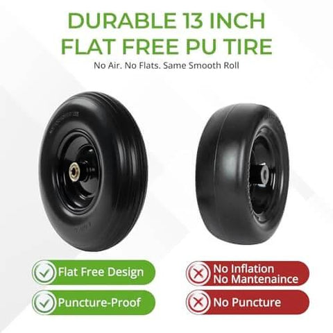 13 Inch Flat Free PU Tire 2 Pack solid polyurethane replacement wheels with steel hubs and dual 5/8 and 3/4 inch bearings