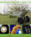 13 Inch Flat Free PU Tire 2 Pack solid polyurethane replacement wheels with steel hubs on a wheelbarrow with flowers.