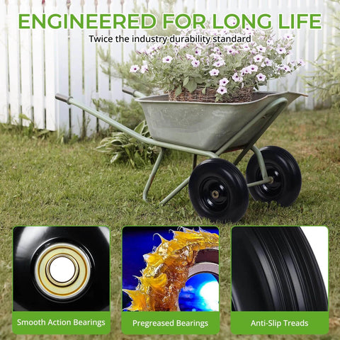 13 Inch Flat Free PU Tire 2 Pack solid polyurethane replacement wheels with steel hubs on a wheelbarrow with flowers.