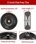 13" flat free tires compatible with gorilla carts, highlighting bushing diameter 5/8" and hub length 2.1" in a detailed diagram