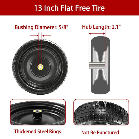 13" flat free tires compatible with gorilla carts, highlighting bushing diameter 5/8" and hub length 2.1" in a detailed diagram