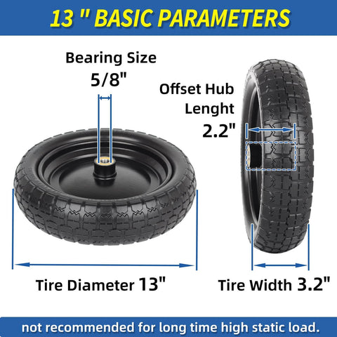 13" flat-free solid tire and wheel, 5/8" axle bore hole, 2.2" offset hub, replacement 4.00-6 wheelbarrow tire with dimensions.