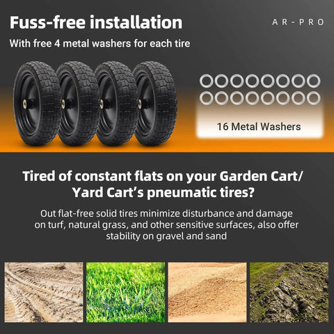 4 Pack 13 Inch Flat Free Solid Tire and Wheel with 5/8 Inch Axle Bore and 2.17 Inch Offset Hub, includes 16 metal washers
