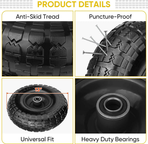 4.00-6 Flat Free Tire and Wheel Set, 13 Inch Solid Tires 2 Pack showcasing anti-skid tread and heavy duty bearings.