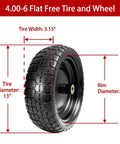 Detailed view of 13 Inch Flat Free Solid Tire And Wheel For Gorilla Cart Wagon And Wheelbarrow 4.00-6 Size with dimensions and specifications.