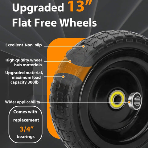 Upgraded 13" flat free wheels showing non-slip tread and high-quality hub materials for gor garden cart tires with 3/4" bearings.