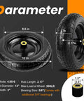 13" flat free wheels replacement for gor garden cart tires, 4.00-6 solid tires with 5/8" bearings, product dimensions and details.