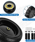 Close-up of 13 Inch Flat Free Wheels Tires 4.00-6 Solid Replacement Set of 2 showing thickened steel rings, puncture-proof design, ball bearings, and accessories.