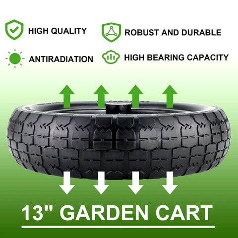 13" flat-free tire and wheel for 13"garden cart tire replacement with 5/8" axle borehole, 2.1" offset hub, high quality features
