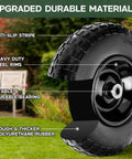 1 PC 13 Inch Rubber Solid Flat Free Replacement Tires and Wheels 4.00-6 with 5/8'' Axle Bore Hole showing materials and features