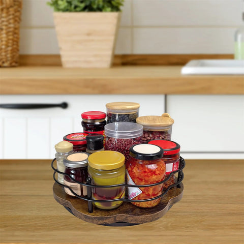 13 Inch Lazy Susan Turntable Organizer With Higher Metal Guardrails on kitchen counter holding spice jars