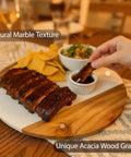 13 Inch Marble And Acacia Wood Lazy Susan Rotating Serving Tray with food, showing natural marble and wood textures.