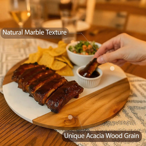 13 Inch Marble And Acacia Wood Lazy Susan Rotating Serving Tray with food, showing natural marble and wood textures.