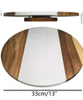 13 Inch Marble And Acacia Wood Lazy Susan Rotating Serving Tray with Natural Marble Top and Wooden Frame, Top View.
