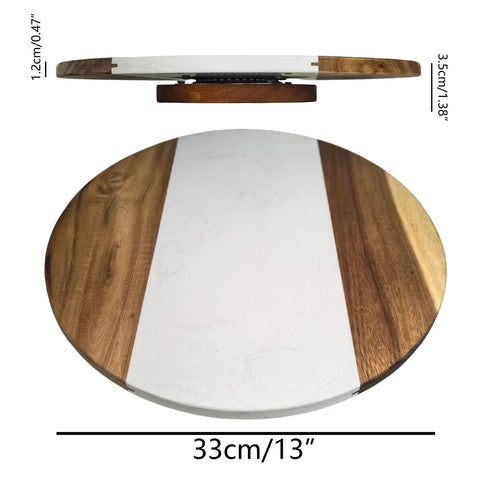 13 Inch Marble And Acacia Wood Lazy Susan Rotating Serving Tray with Natural Marble Top and Wooden Frame, Top View.