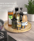13 Inch Round Wooden Lazy Susan Turntable Organizer with condiments on a countertop, Durable Solid Wood, Food Safe Kitchen Organizer