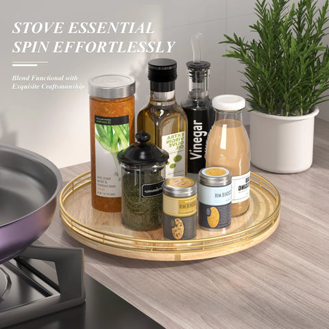 13 Inch Round Wooden Lazy Susan Turntable Organizer with condiments on a countertop, Durable Solid Wood, Food Safe Kitchen Organizer