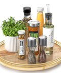13 Inch Round Wooden Lazy Susan Turntable Organizer for Cabinet and Pantry Storage with condiments and plant, solid wood