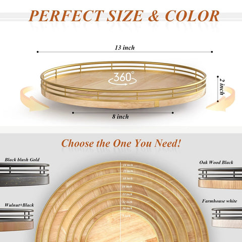13 Inch Round Wooden Lazy Susan Turntable Organizer For Cabinet And Pantry Storage size and color options chart