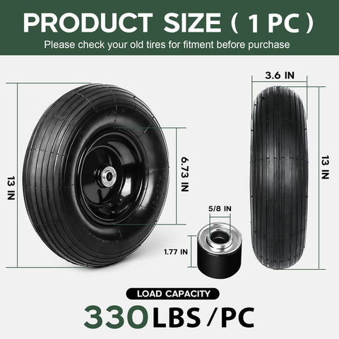 ✝️ 13 inch 1 pc rubber pneumatic replacement tires and wheels 4.00-6 with 5/8'' axle bore hole, detailed size and capacity view