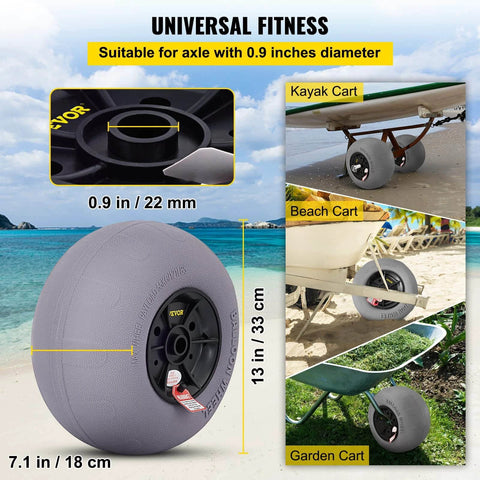 13 Inch Beach Balloon Wheels Replacement Sand Tires, TPU Inflatable Cart Wheels for Kayak Dolly, Canoe Cart and Beach Buggy, 0.9 inch axle, shown on beach and garden carts