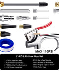 13-Piece 2-Way Air Nozzle Kit with Quick Connects, featuring air blow gun, eight nozzles, adapters, and quick-fitting adapter.